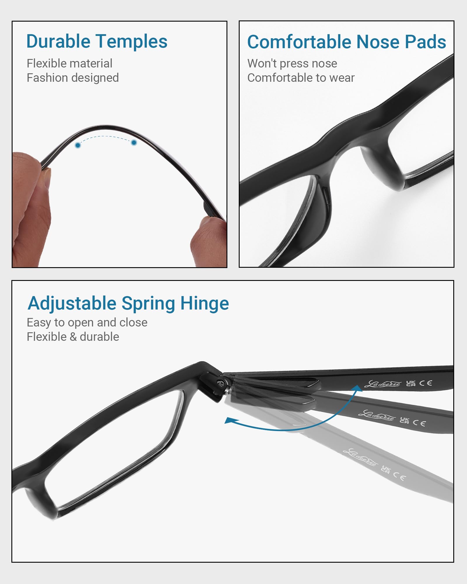 Gafas con bisagras-resorte LADEESSE ofrecen ajuste cómodo.