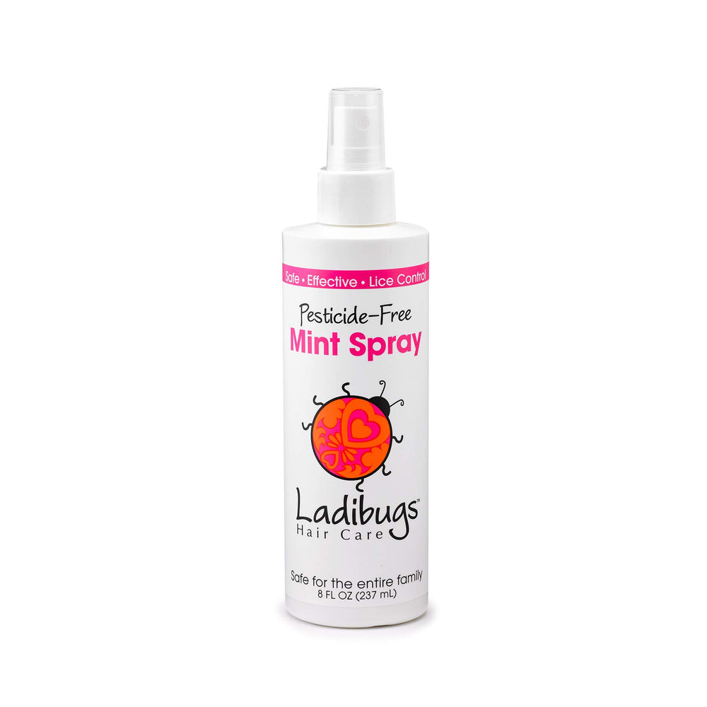 Ladibugs Lice Prevention Mint Spray 8oz bottle on shelf, enhancing lice prevention at home.