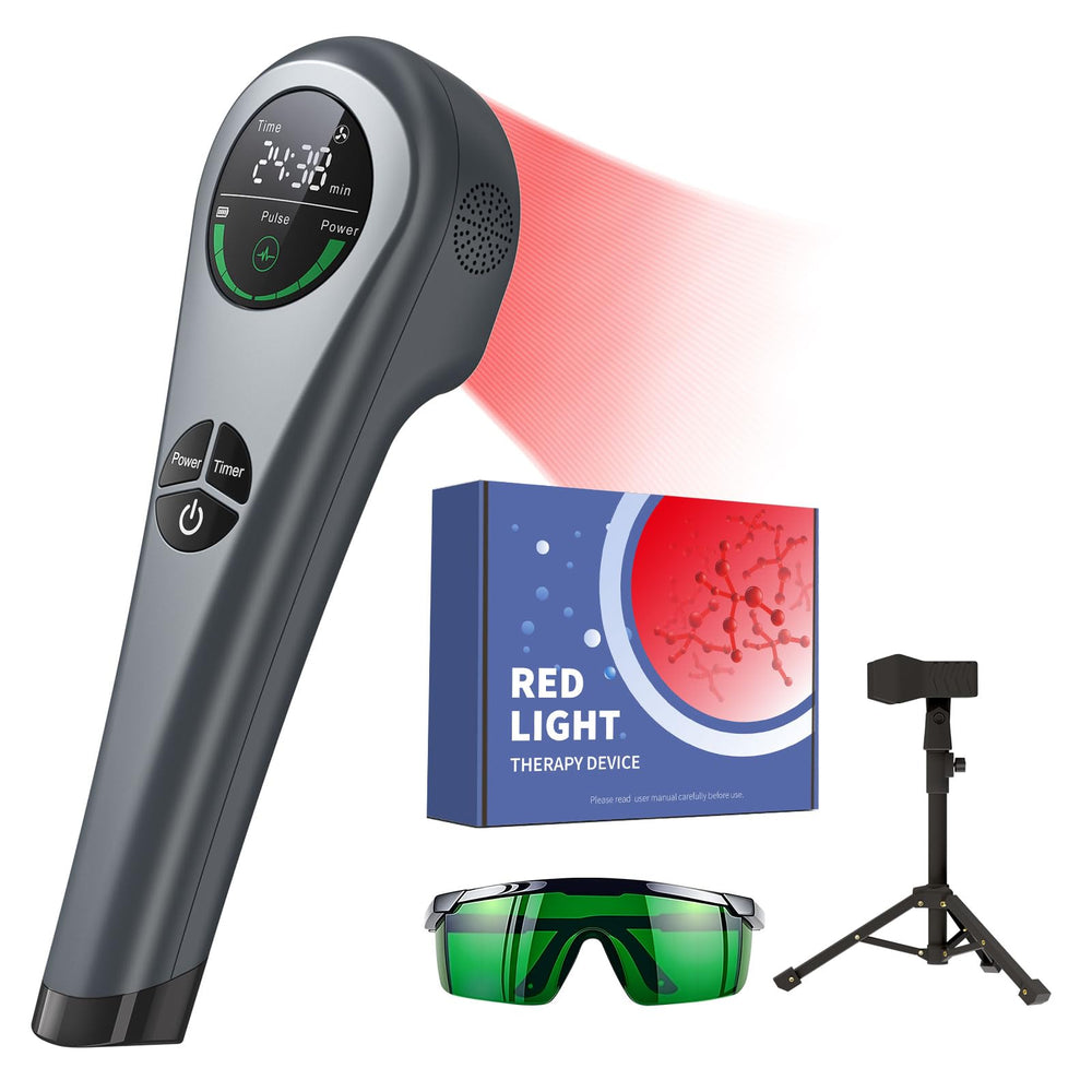 LAFCARE handheld red light therapy device with stand enables hands-free sessions for convenience.