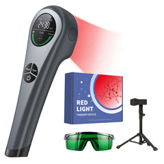 LAFCARE handheld red light therapy device with stand enables hands-free sessions for convenience.