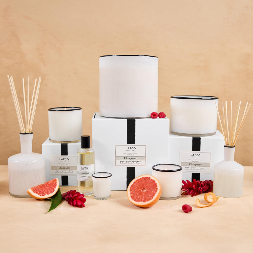 LAFCO New York Signature Champagne candle in a room scene for a penthouse mood.