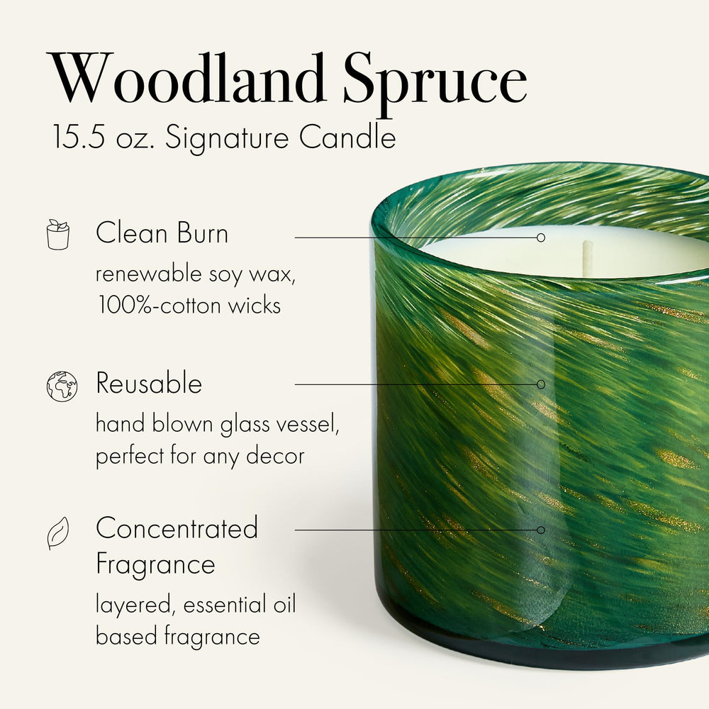 LAFCO New York Woodland Spruce candle in hand-blown glass vessel elevates décor.