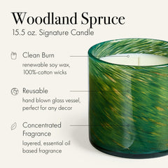 LAFCO New York Woodland Spruce candle in hand-blown glass vessel elevates décor.