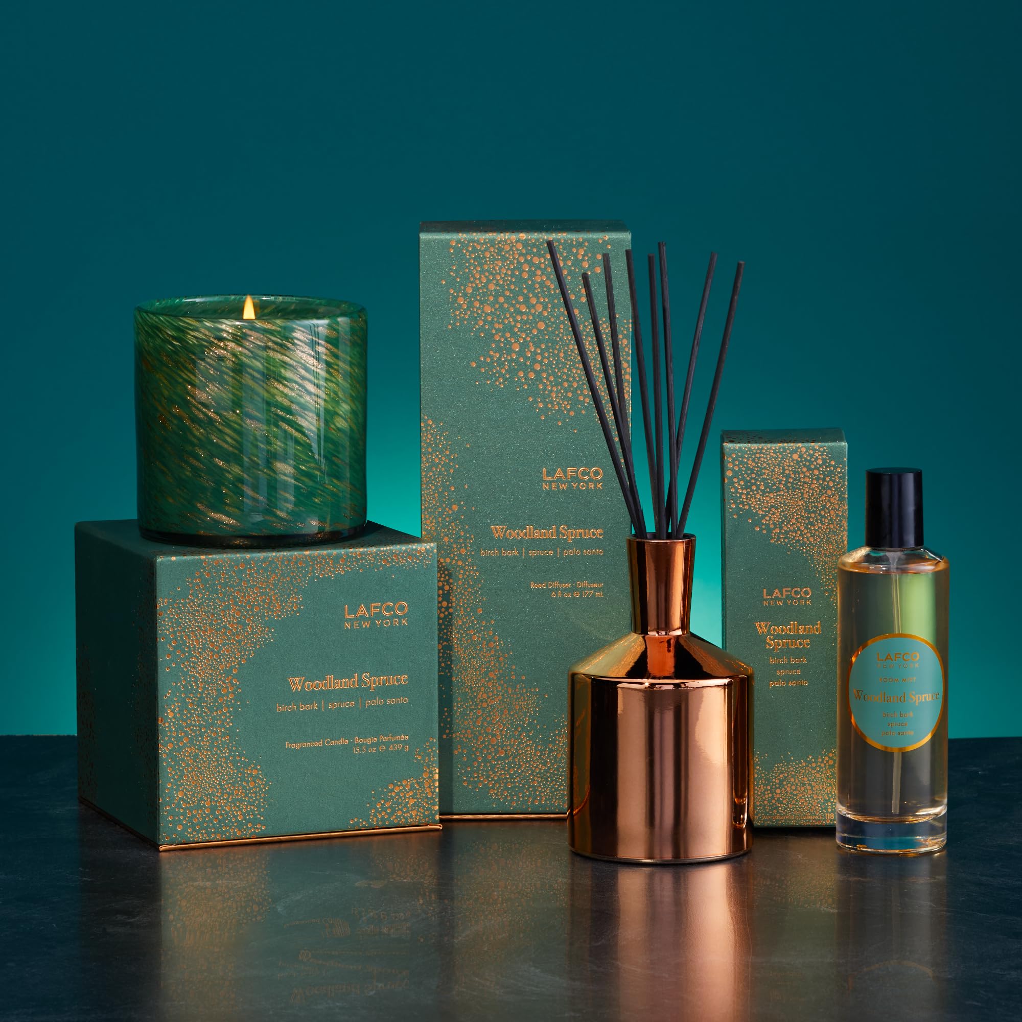 LAFCO New York Woodland Spruce candle in-room décor elevates holiday spaces.