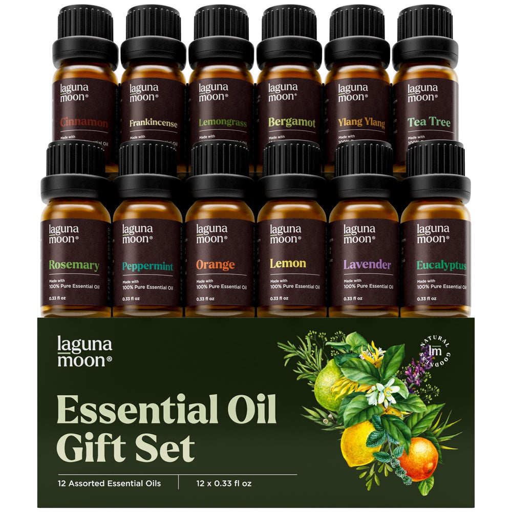 Lagunamoon essential oils set packaging closeup for diffuser and candle making.
