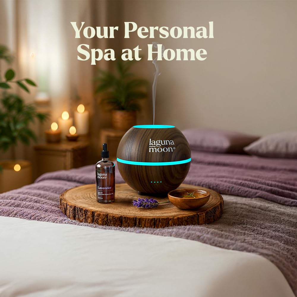Lagunamoon Lavender Oil in a cozy bedroom diffuser.