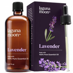 Lagunamoon Lavender Essential Oil bottle for diffusers and calming blends.