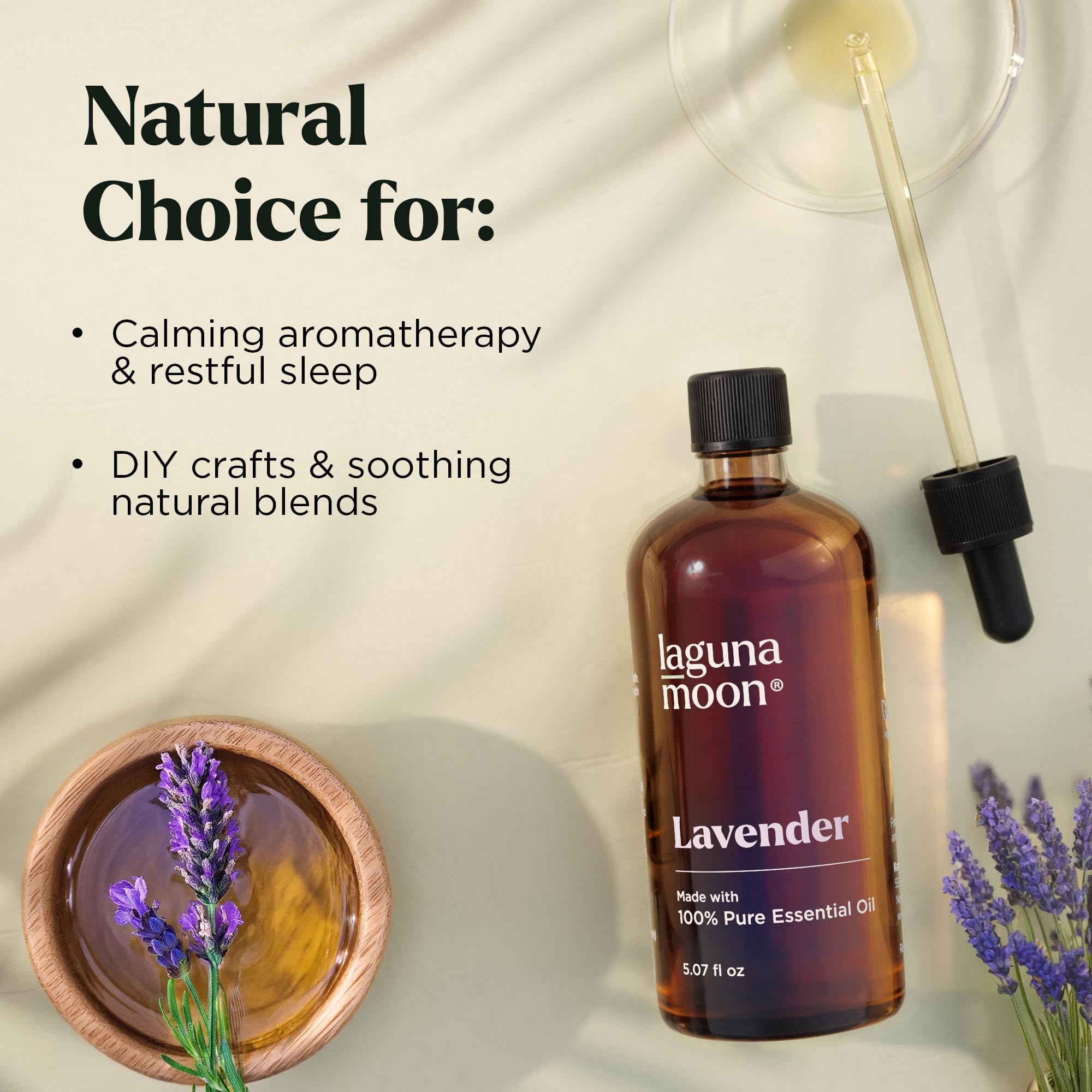 Lagunamoon Lavender Oil with lavender sprig for tranquil ambiance.