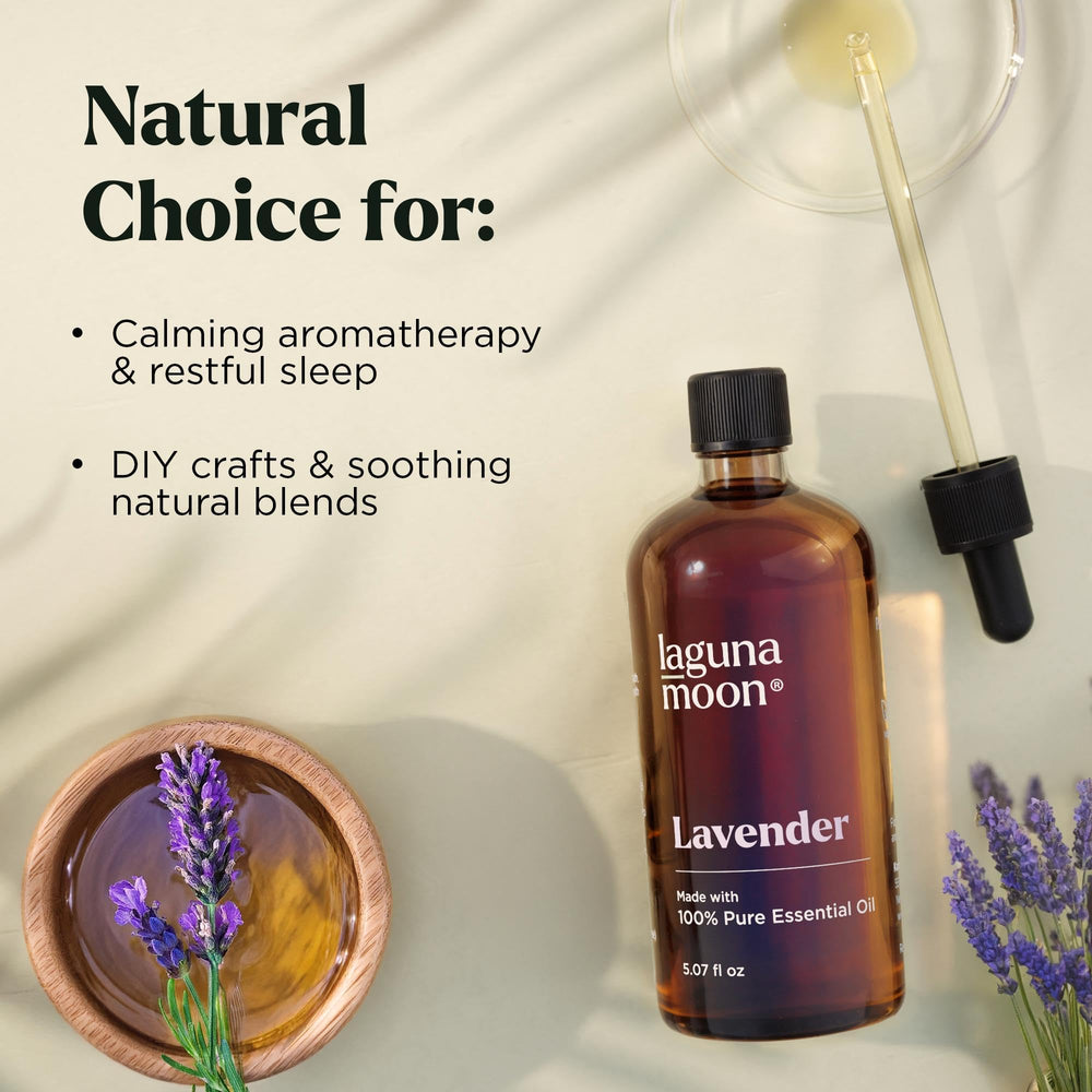 Lagunamoon Lavender Oil with lavender sprig for tranquil ambiance.