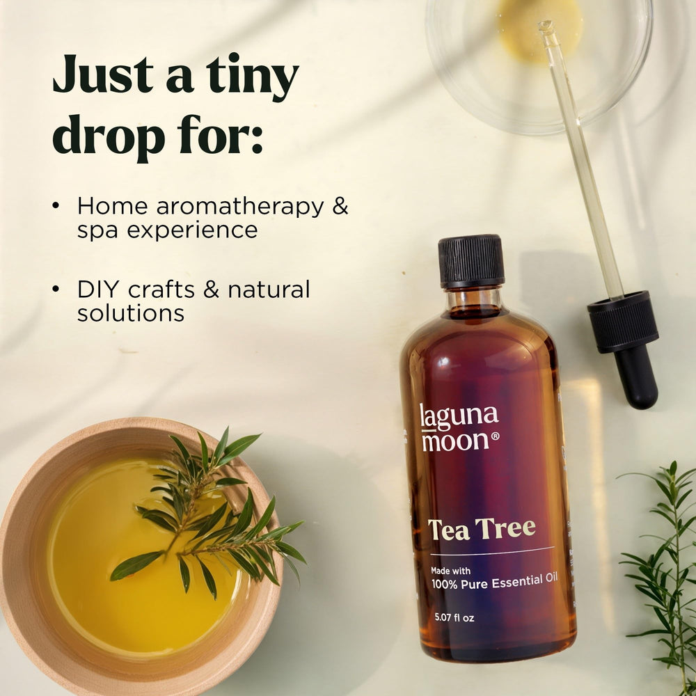 Lagunamoon Tea Tree Oil drops bottle for precise dosing in diffusers and cleaners