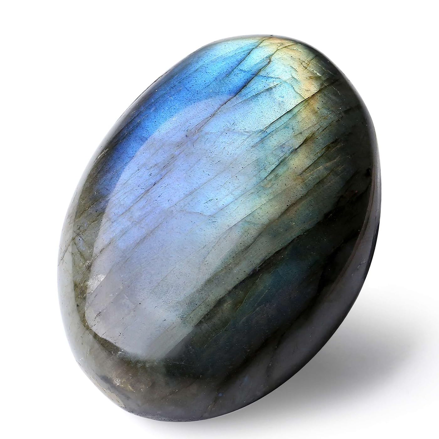LAIDANLA Labradorite palm stone closeup showing calming energy for meditation and focus.