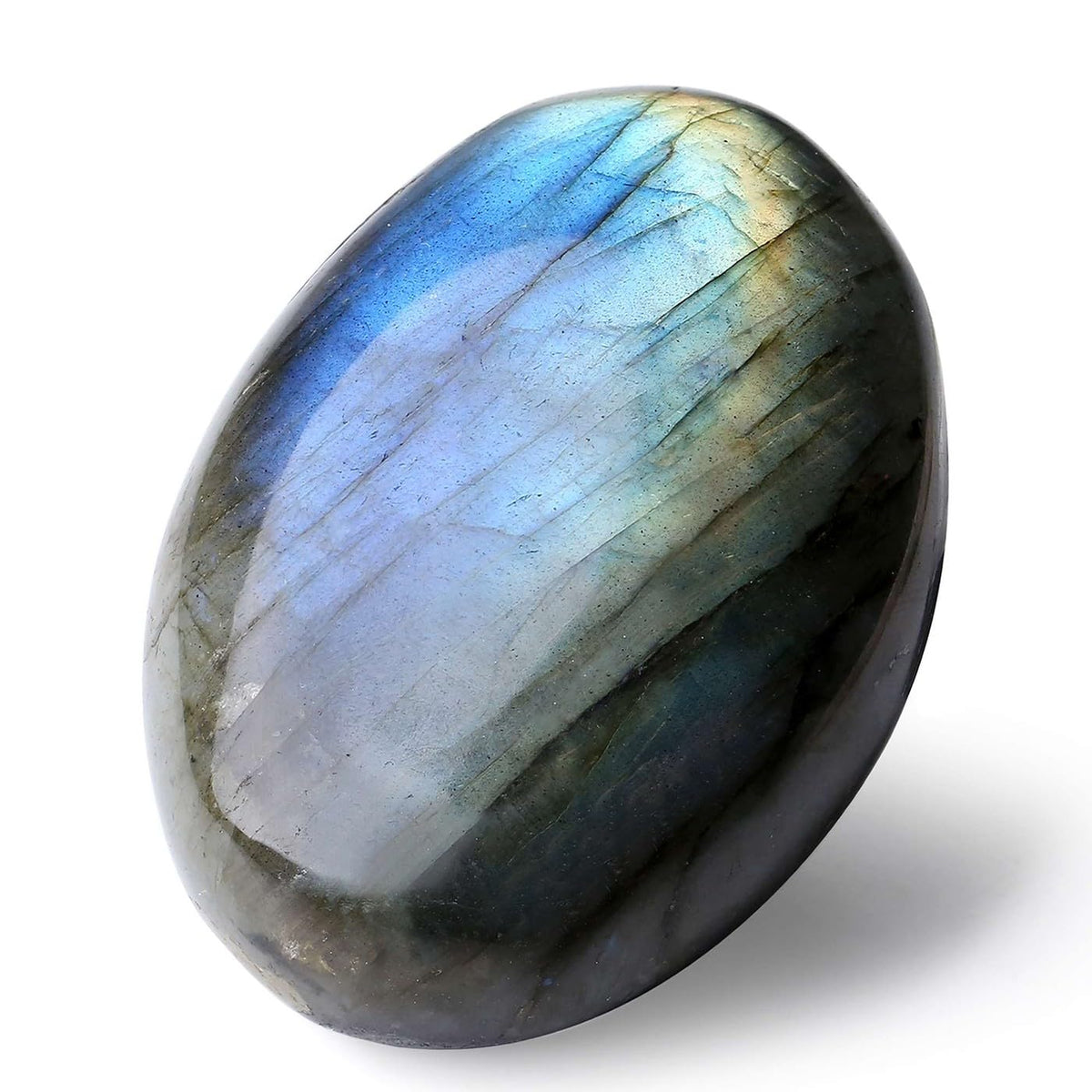 LAIDANLA Labradorite palm stone closeup showing calming energy for meditation and focus.