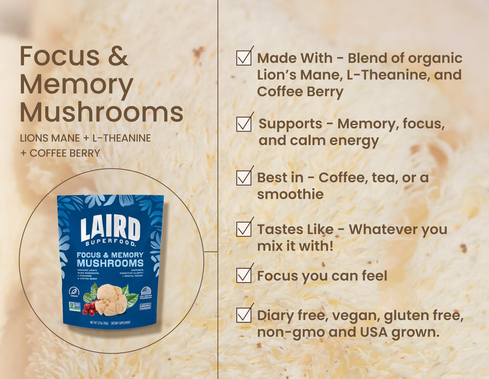 Laird Superfood Focus ingredients label close-up shows organic components and no fillers