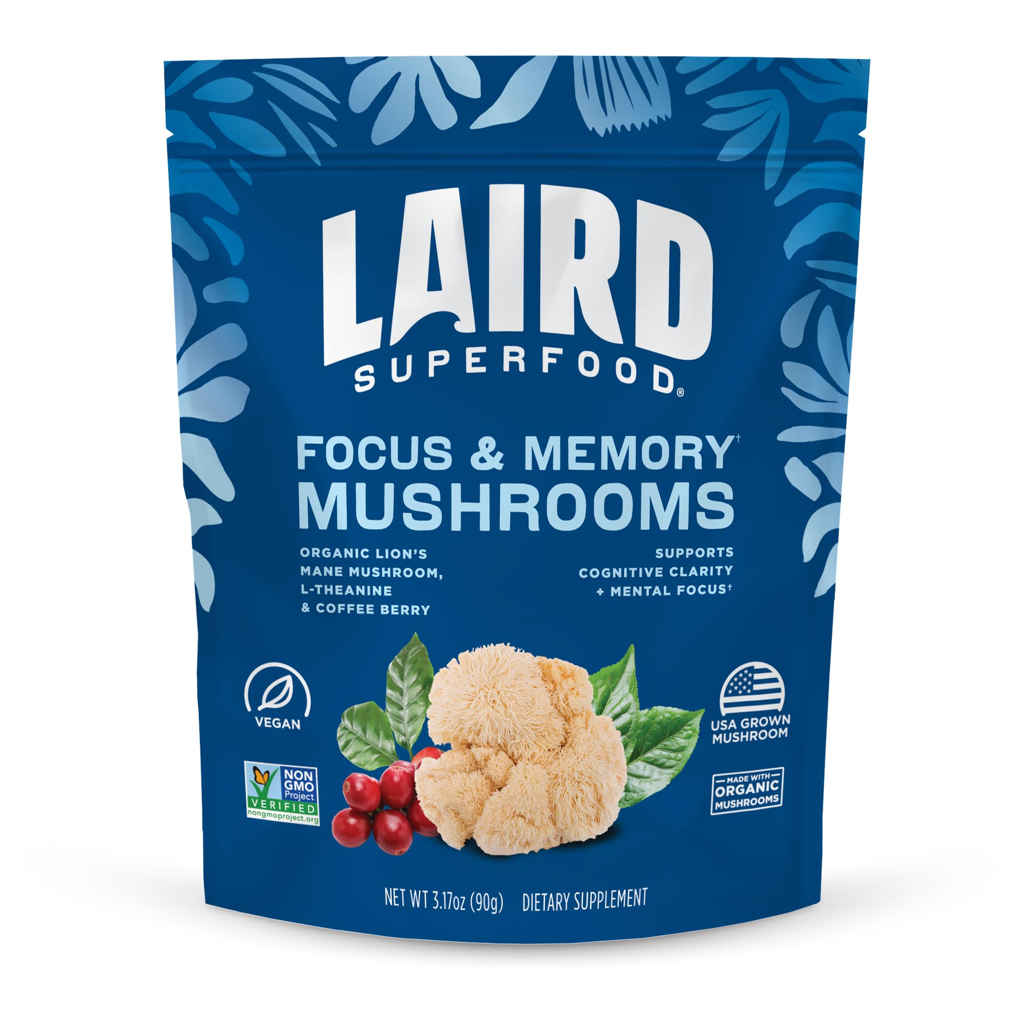 Laird Superfood Focus mushroom blend bag highlighting Lion's Mane and Coffee Berry for daily focus