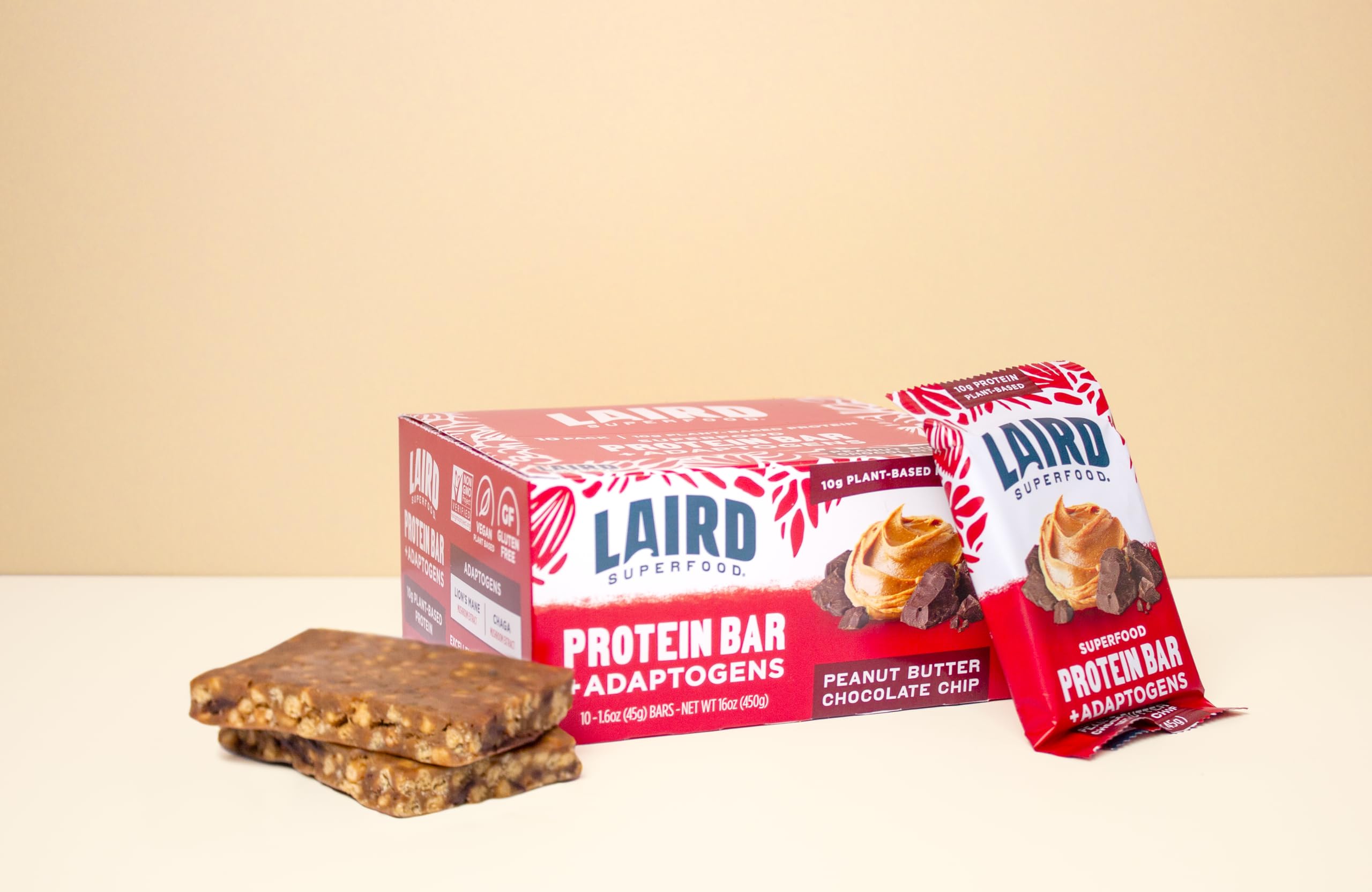 Laird Superfood functional bar texture close-up chocolate and peanut butter flavor.