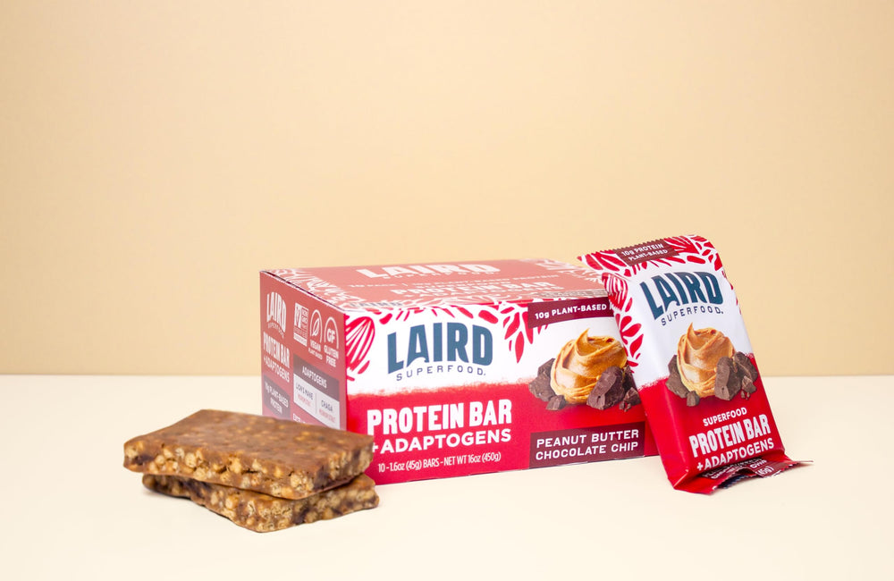 Laird Superfood functional bar texture close-up chocolate and peanut butter flavor.