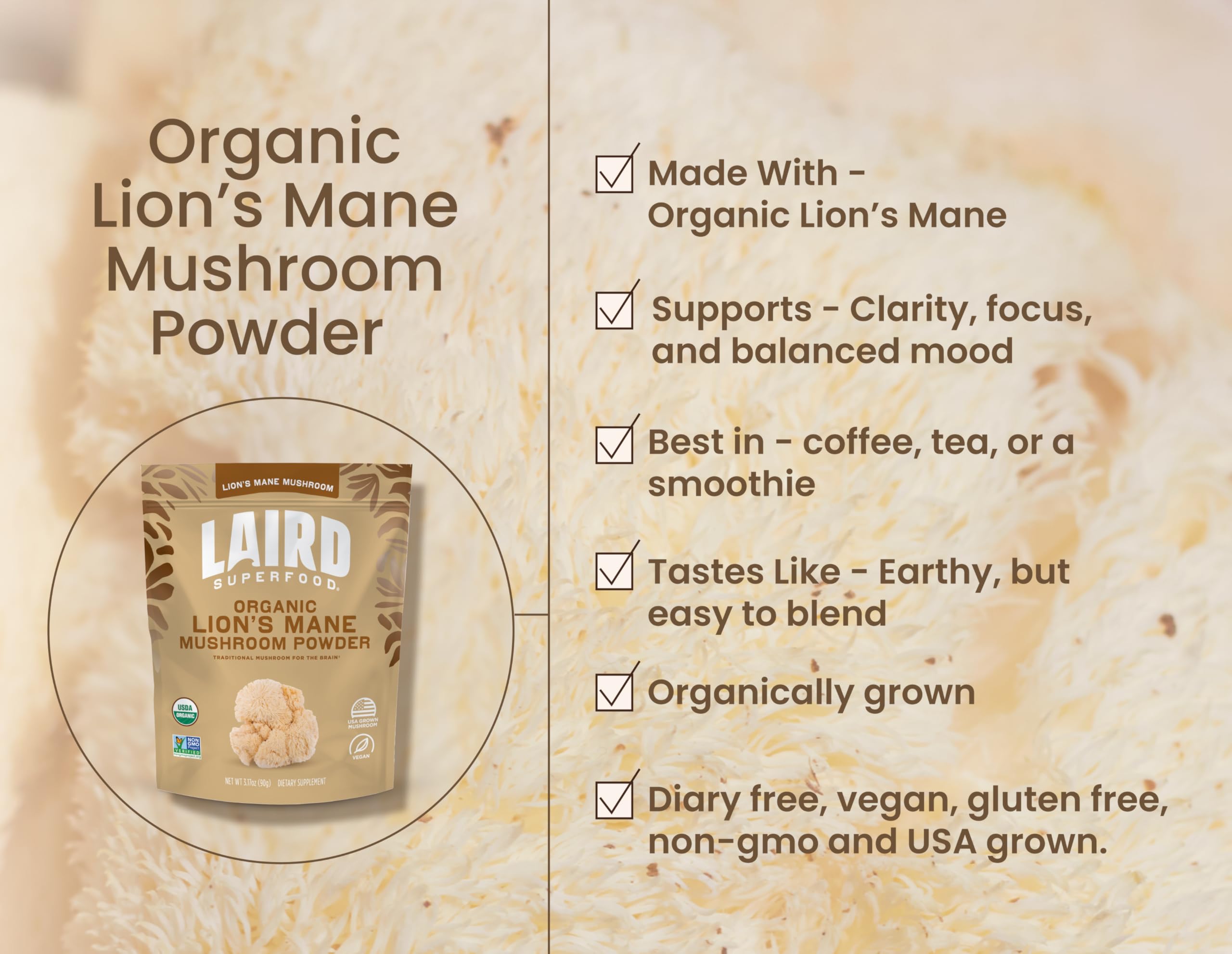 Laird Superfood Lions Mane powder bag for daily brain and immune support.