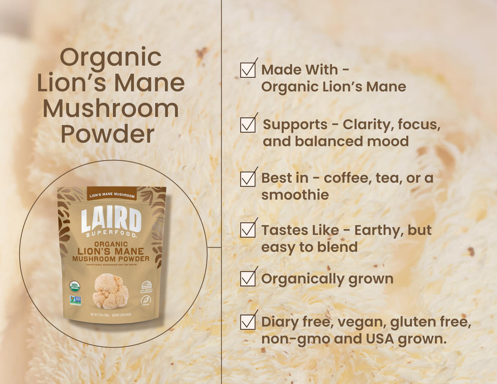 Laird Superfood Lions Mane powder bag for daily brain and immune support.