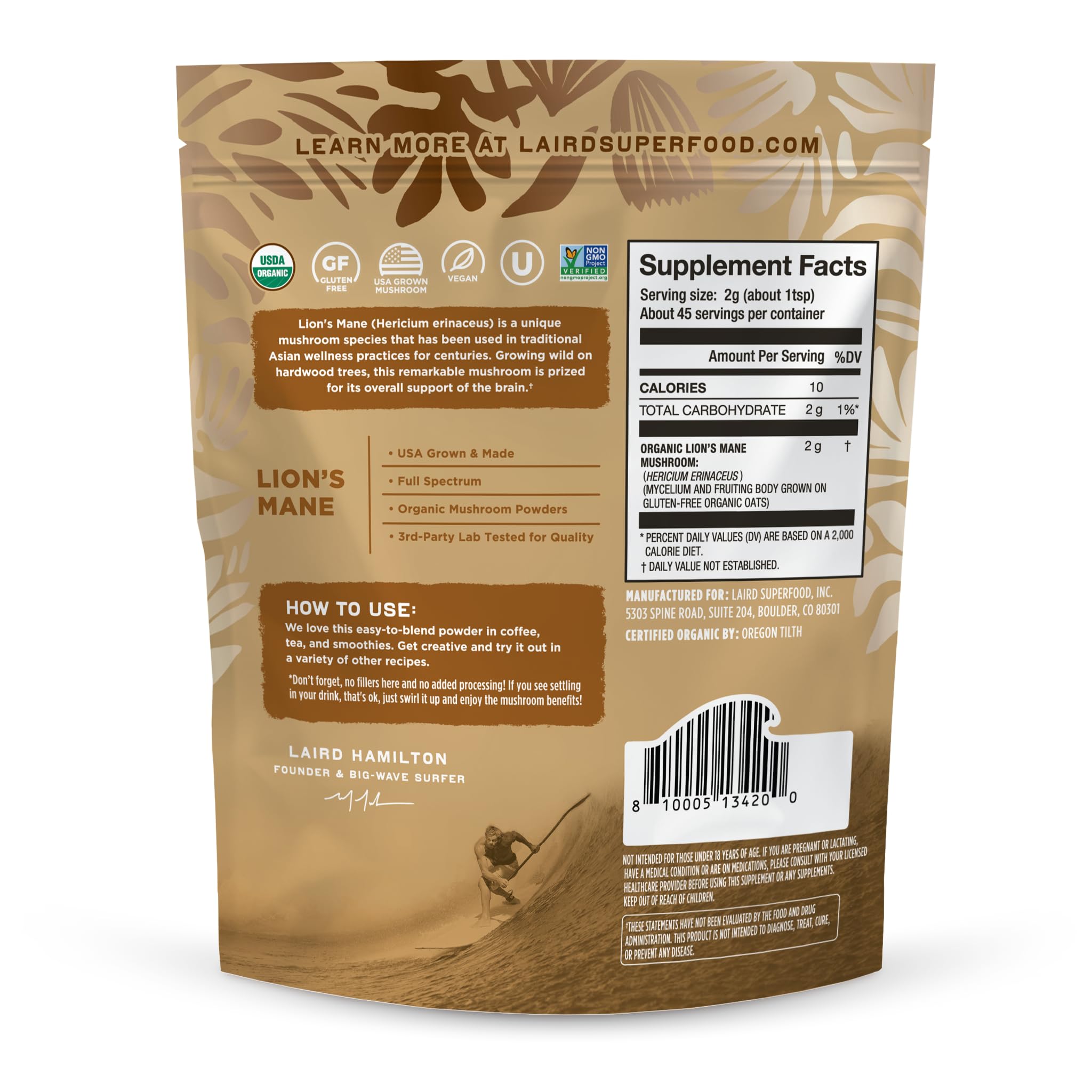 Laird Superfood Lions Mane powder in coffee cup supports focus naturally.