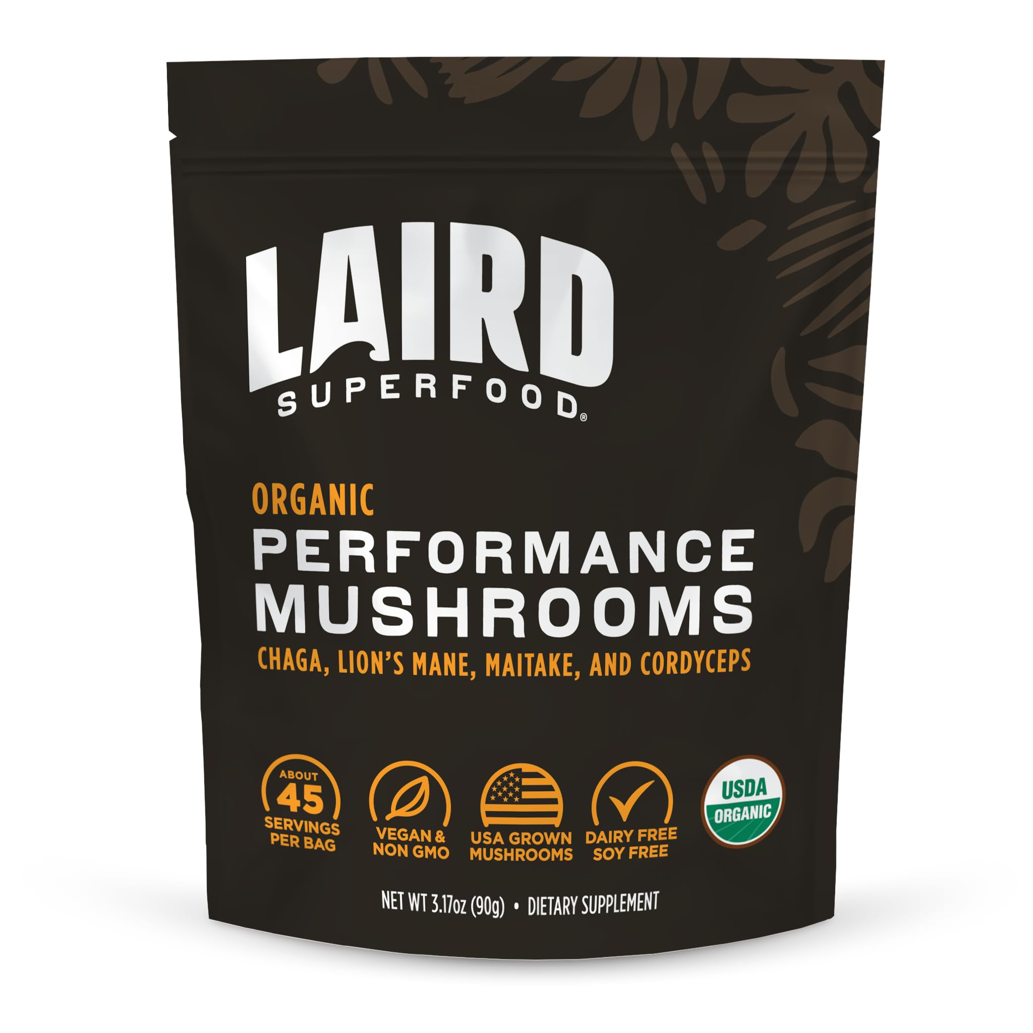 Laird Superfood Organic Mushroom Blend bag front for easy pre- or post-workout use