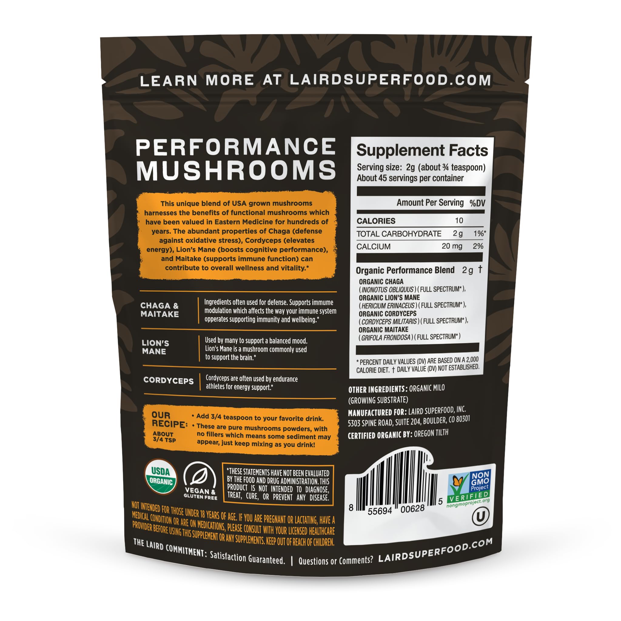 Laird Superfood Organic Mushroom Blend scoop on counter for quick shakes
