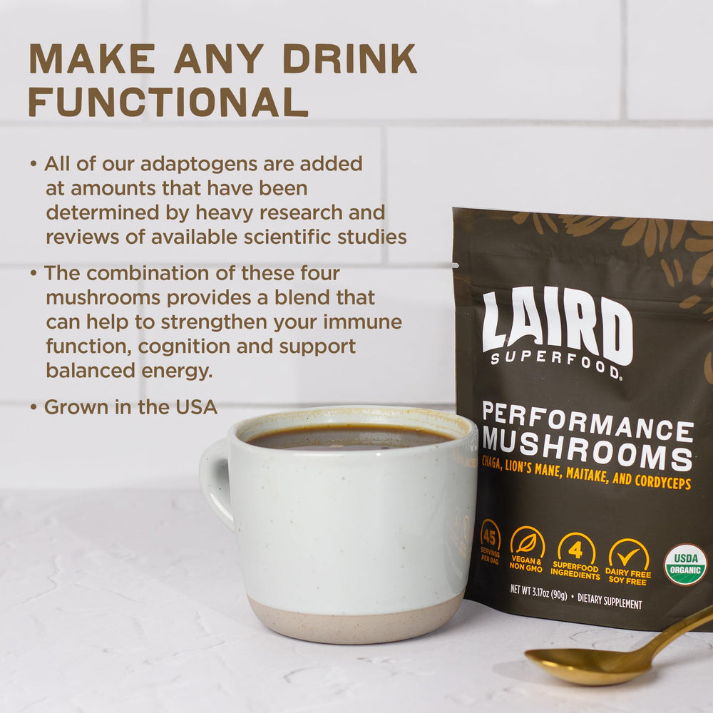 Smoothie bowl with Laird Superfood Organic Mushroom Blend as mix-in