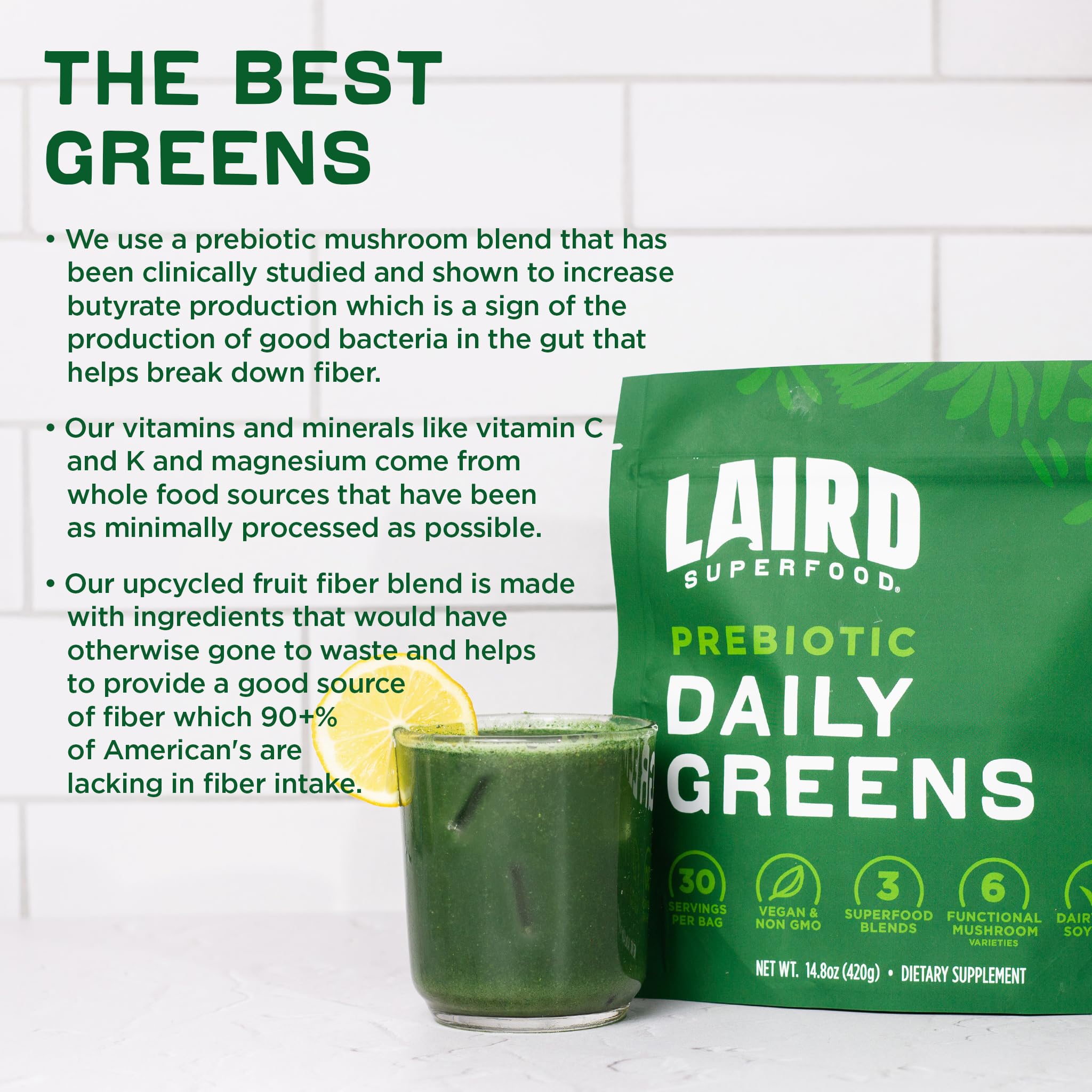 Laird Superfood Prebiotic Daily Greens icons highlight prebiotics and vitamins.