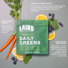 Laird Superfood Prebiotic Daily Greens ingredients with spinach, kale, and carrots.
