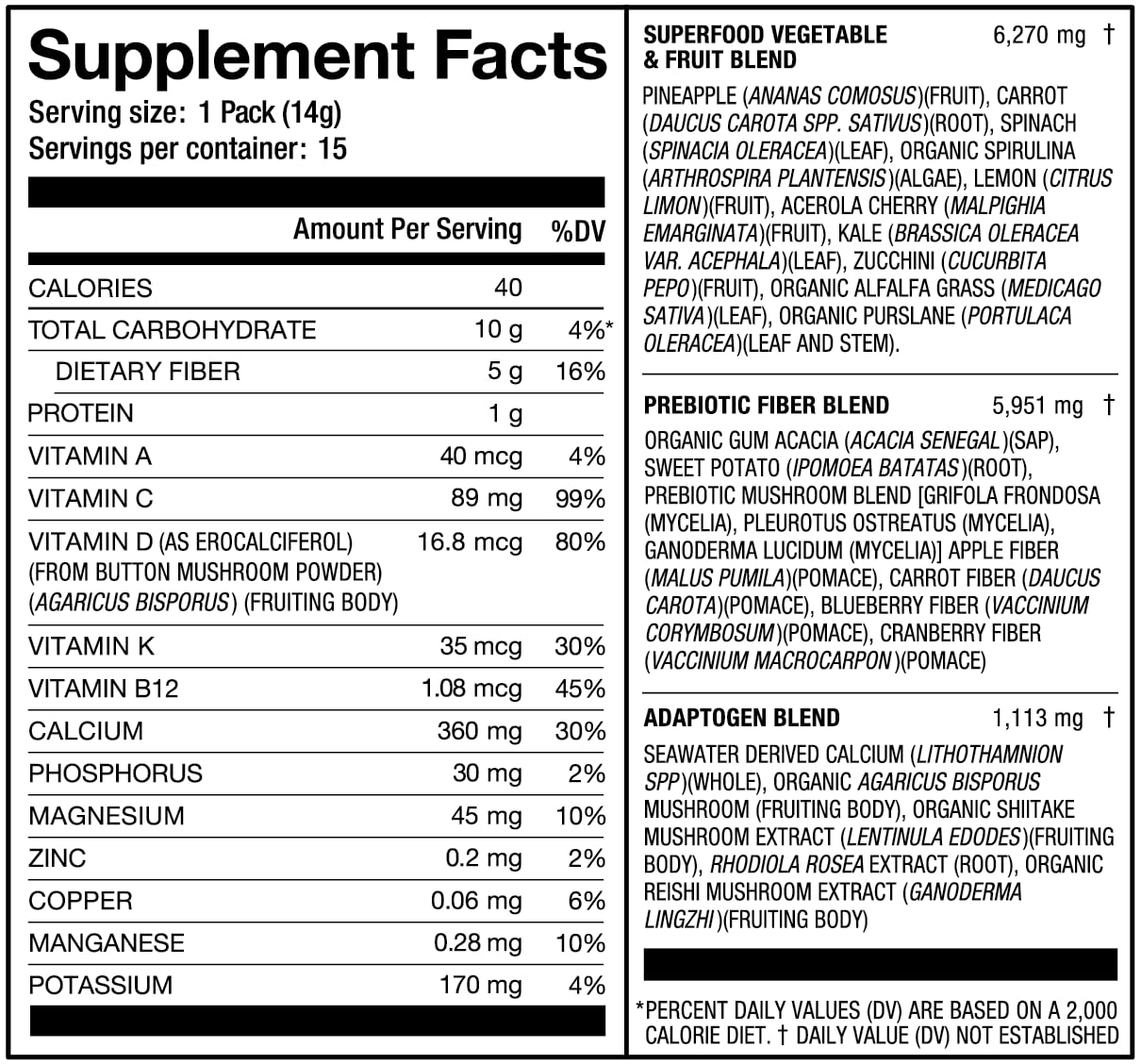 Laird Superfood Prebiotic Daily Greens 15-pack display box.