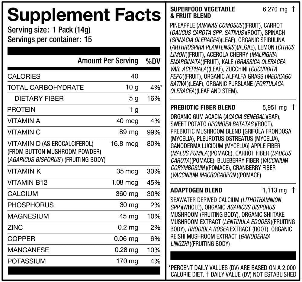 Laird Superfood Prebiotic Daily Greens 15-pack display box.