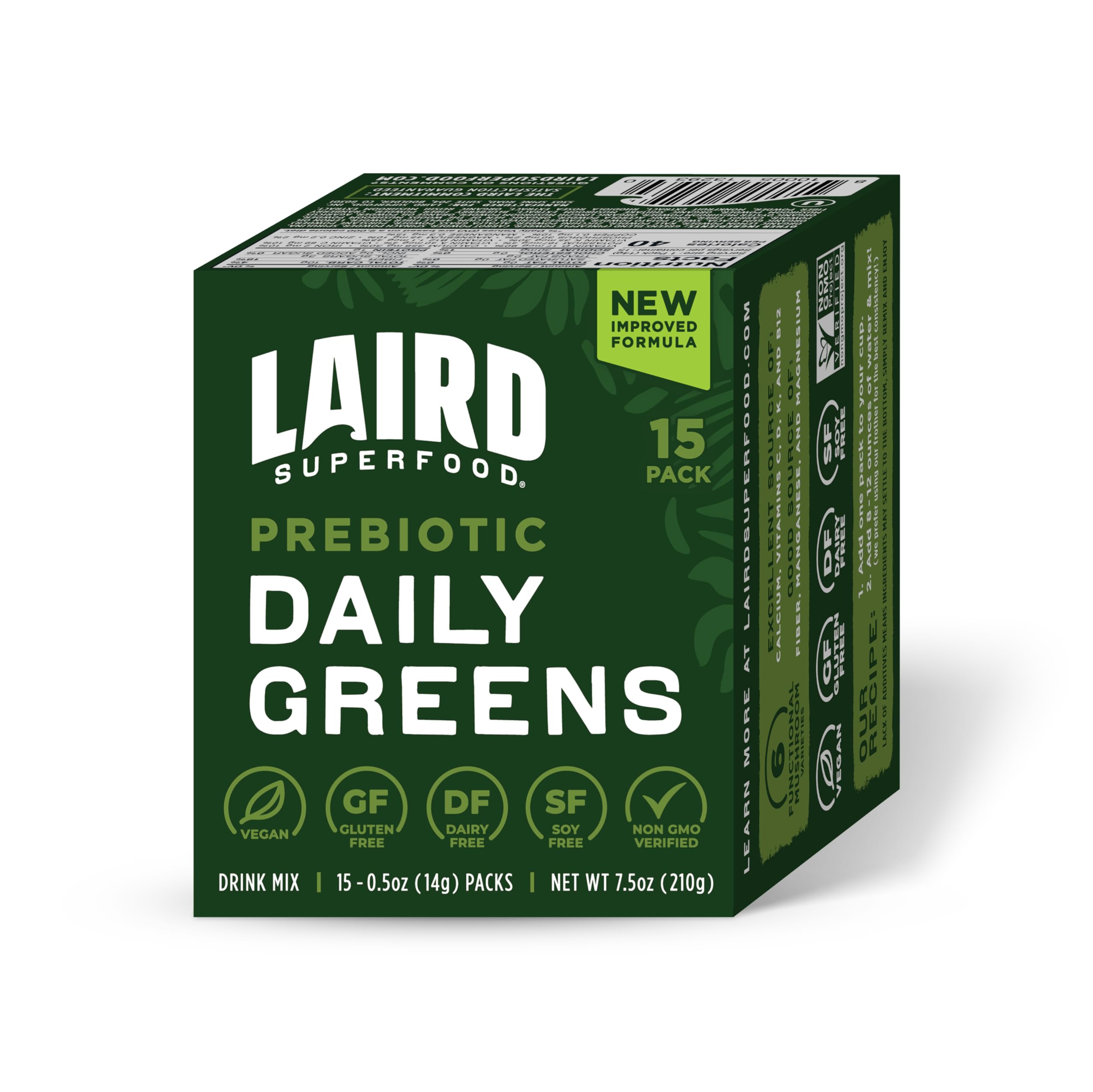 Laird Superfood Prebiotic Daily Greens packaging front for easy daily nutrition.