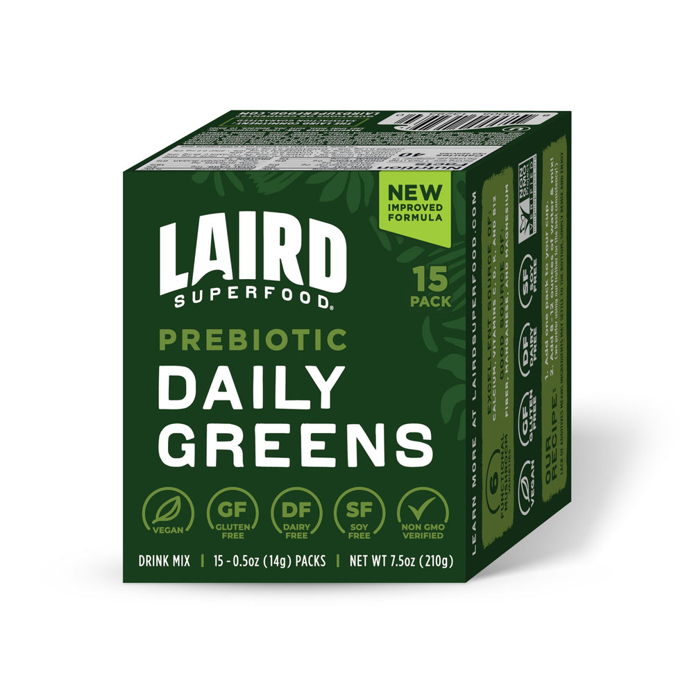Laird Superfood Prebiotic Daily Greens packaging front for easy daily nutrition.