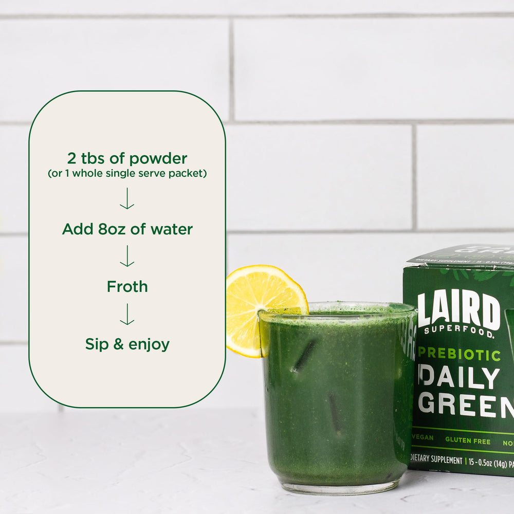 Laird Superfood Prebiotic Daily Greens packshot highlights premium, non-GMO greens powder