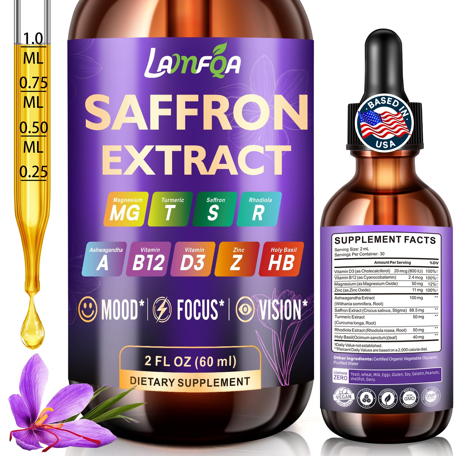 LAMFQA saffron extract liquid bottle for convenient daily drops and antioxidant support.