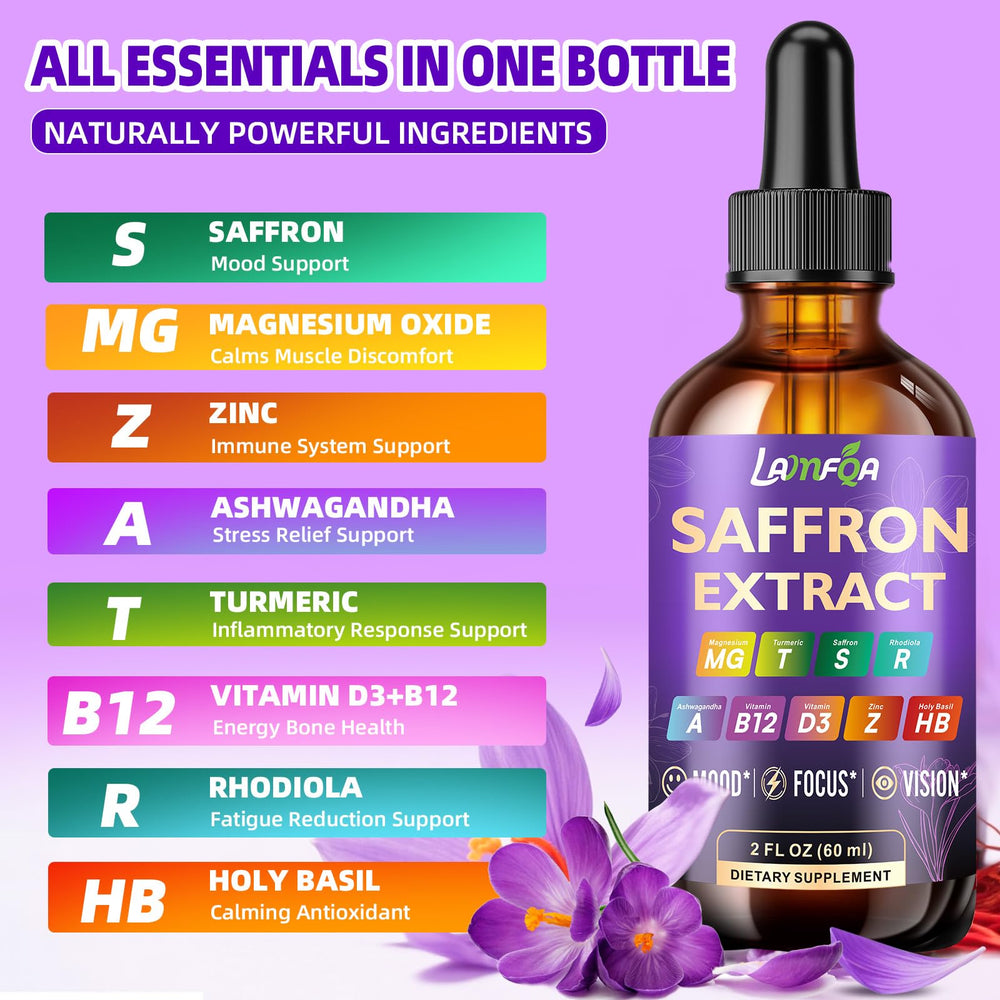 LAMFQA saffron liquid drops being poured for easy daily use and mood support.