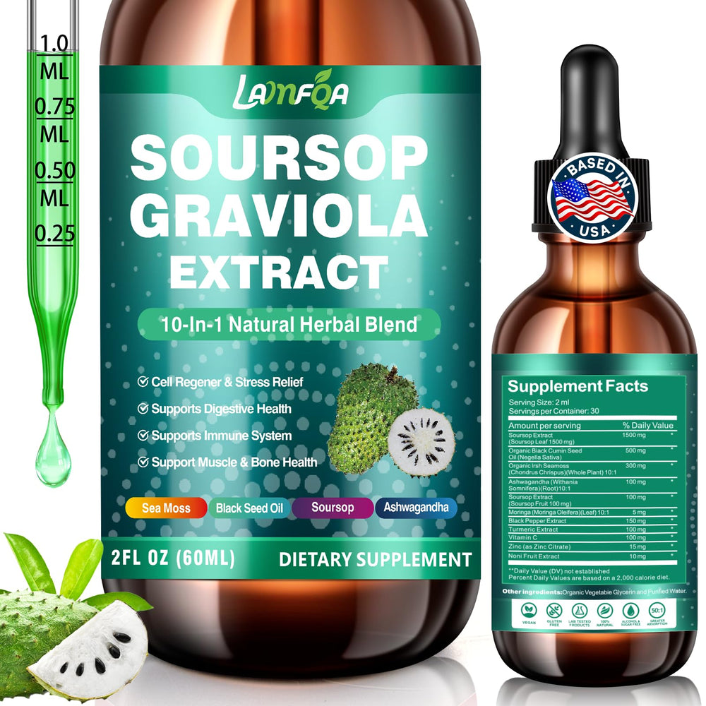 LAMFQA Soursop Bitters bottle shows a vibrant herbal blend for daily immune support.