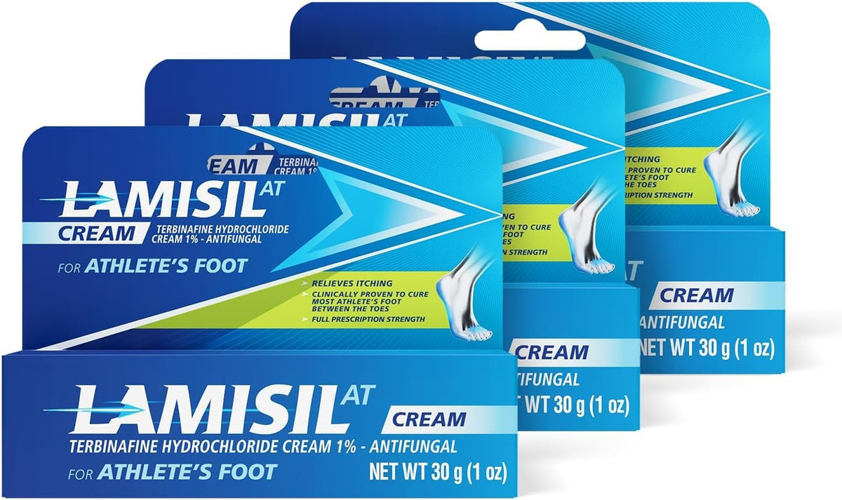 Lamisil bottle and cream application shows fast symptom relief and easy daily use.