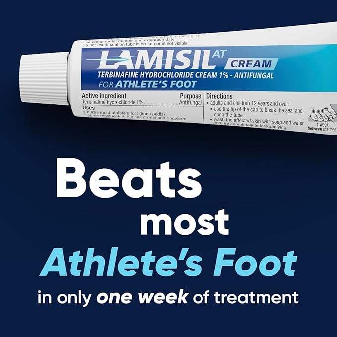 Lamisil athletes-foot foot illustration emphasizes daily use and prevention.