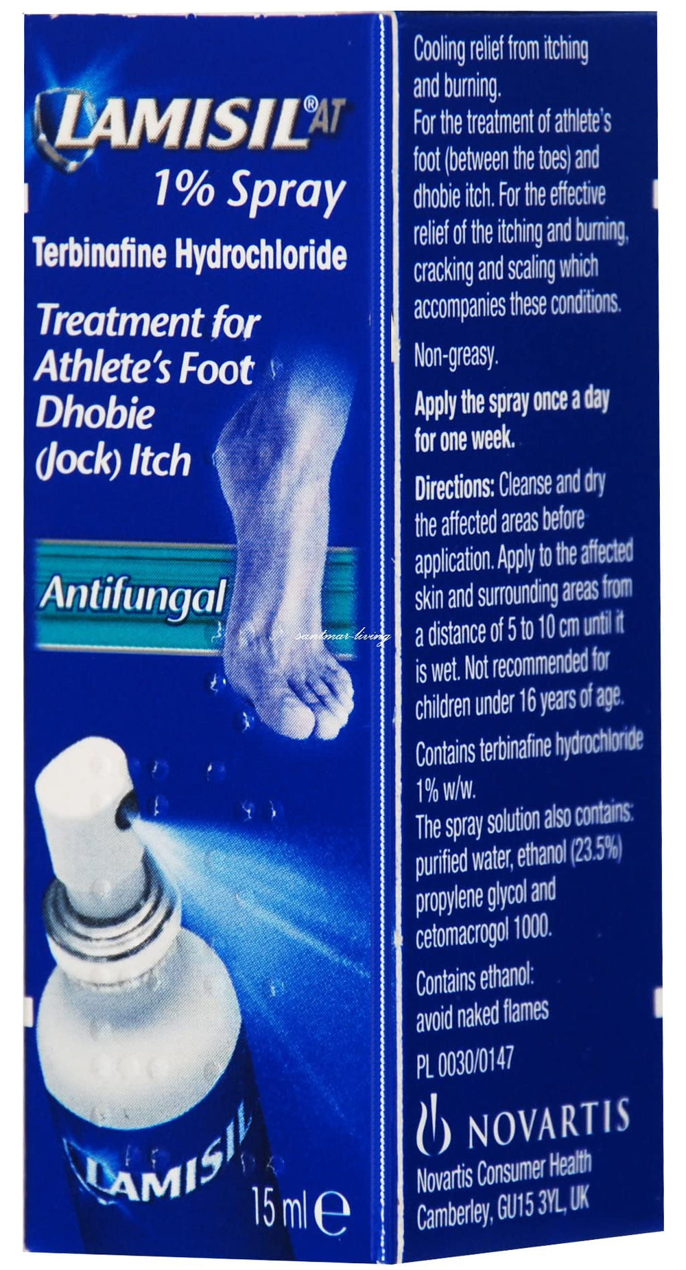 Lamisil spray applied between toes for itching relief.