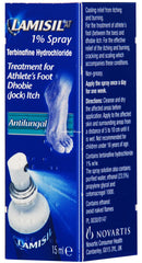 Lamisil spray applied between toes for itching relief.