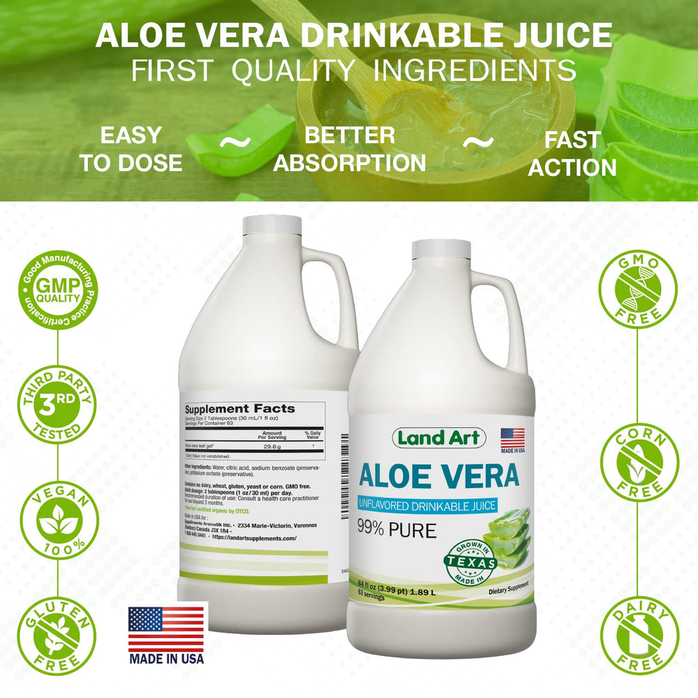 Land Art USA-made aloe vera bottle signaling premium, pure formula