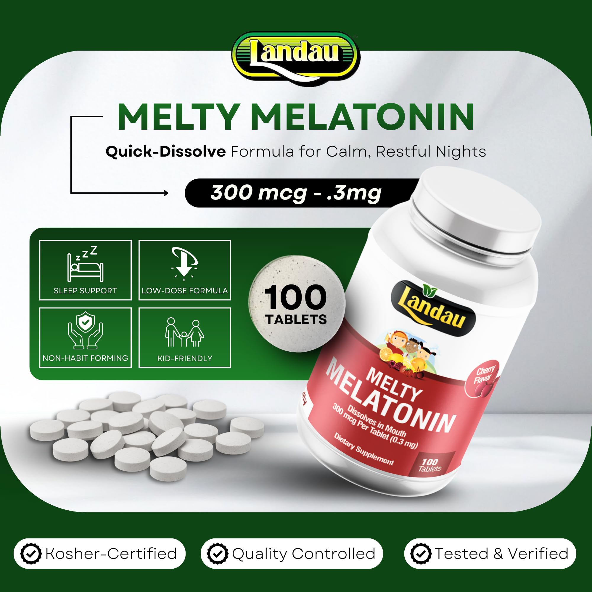 Landau Melty Melatonin bottle display highlighting fast-dissolving format for quick use