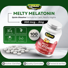 Landau Melty Melatonin bottle display highlighting fast-dissolving format for quick use
