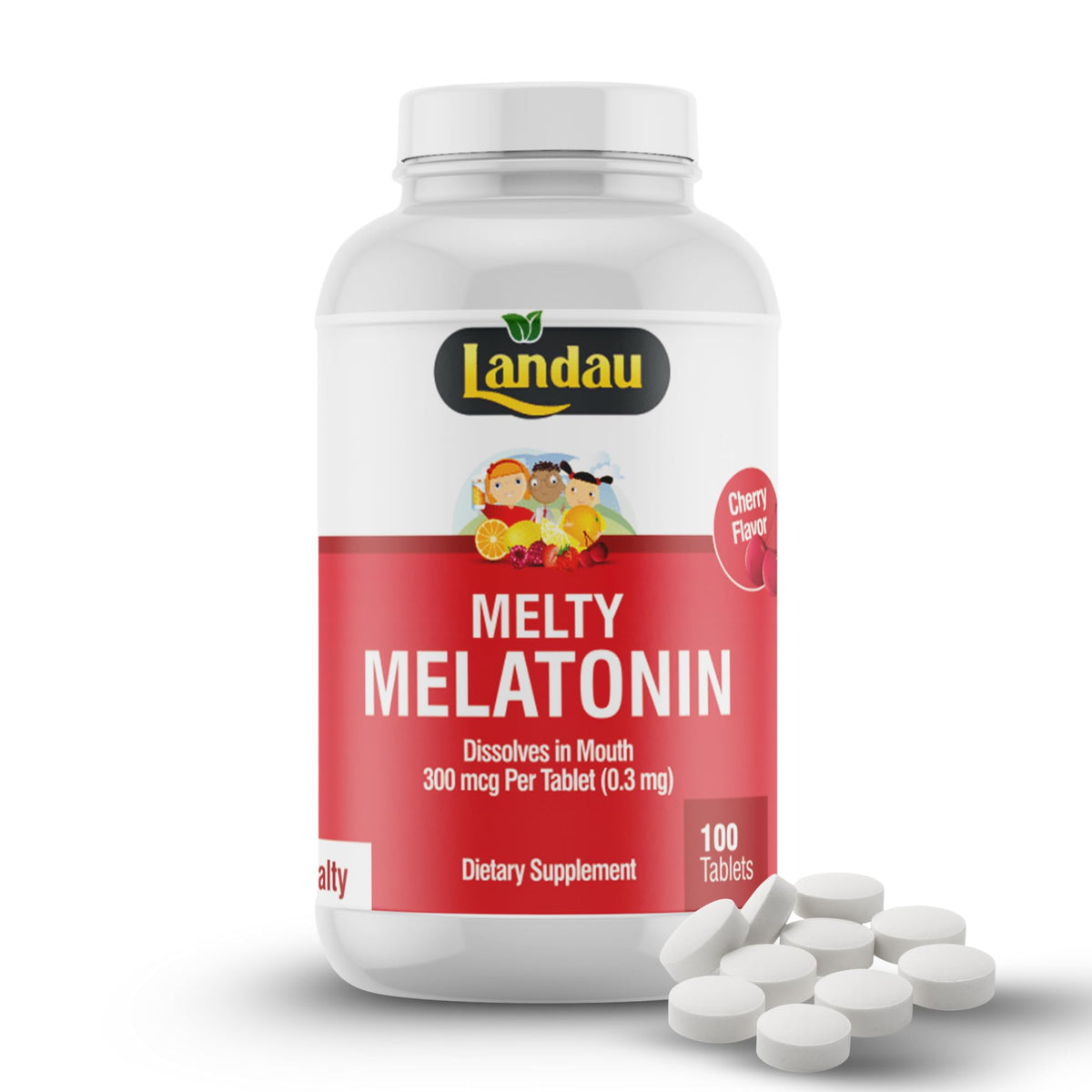 Landau Melty Melatonin cherry flavored tablets in a bottle for easy bedtime support