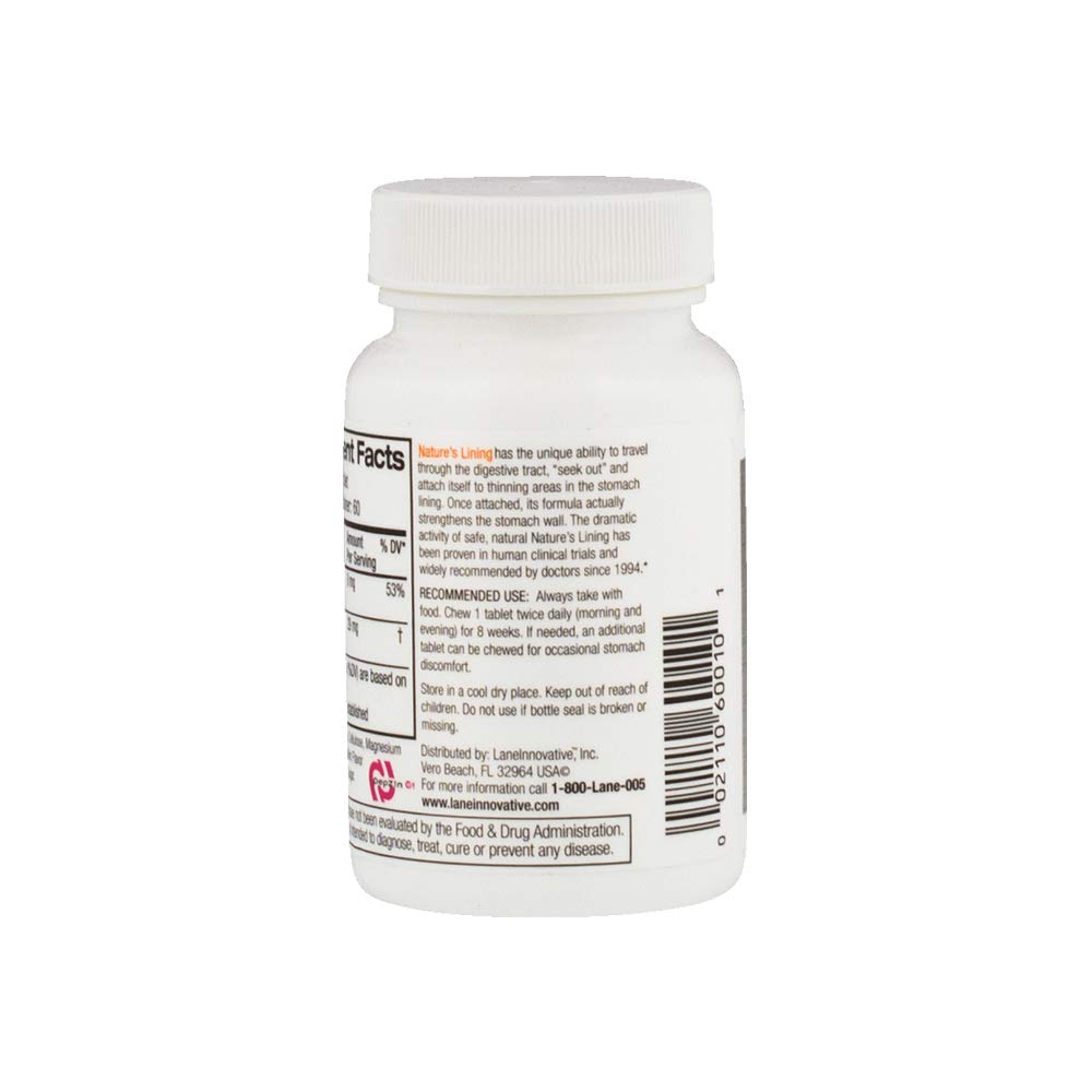 Lane Innovative Nature’s Lining chewable tablets close-up for mucous protection.