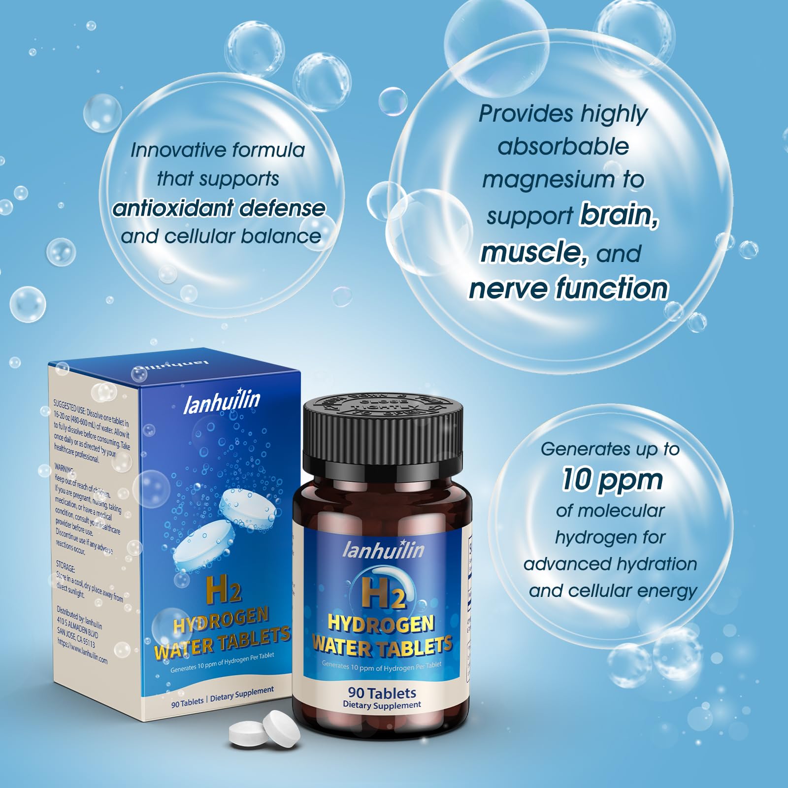 Lanhuilin hydrogen tablet in water with fruit-based acids release.