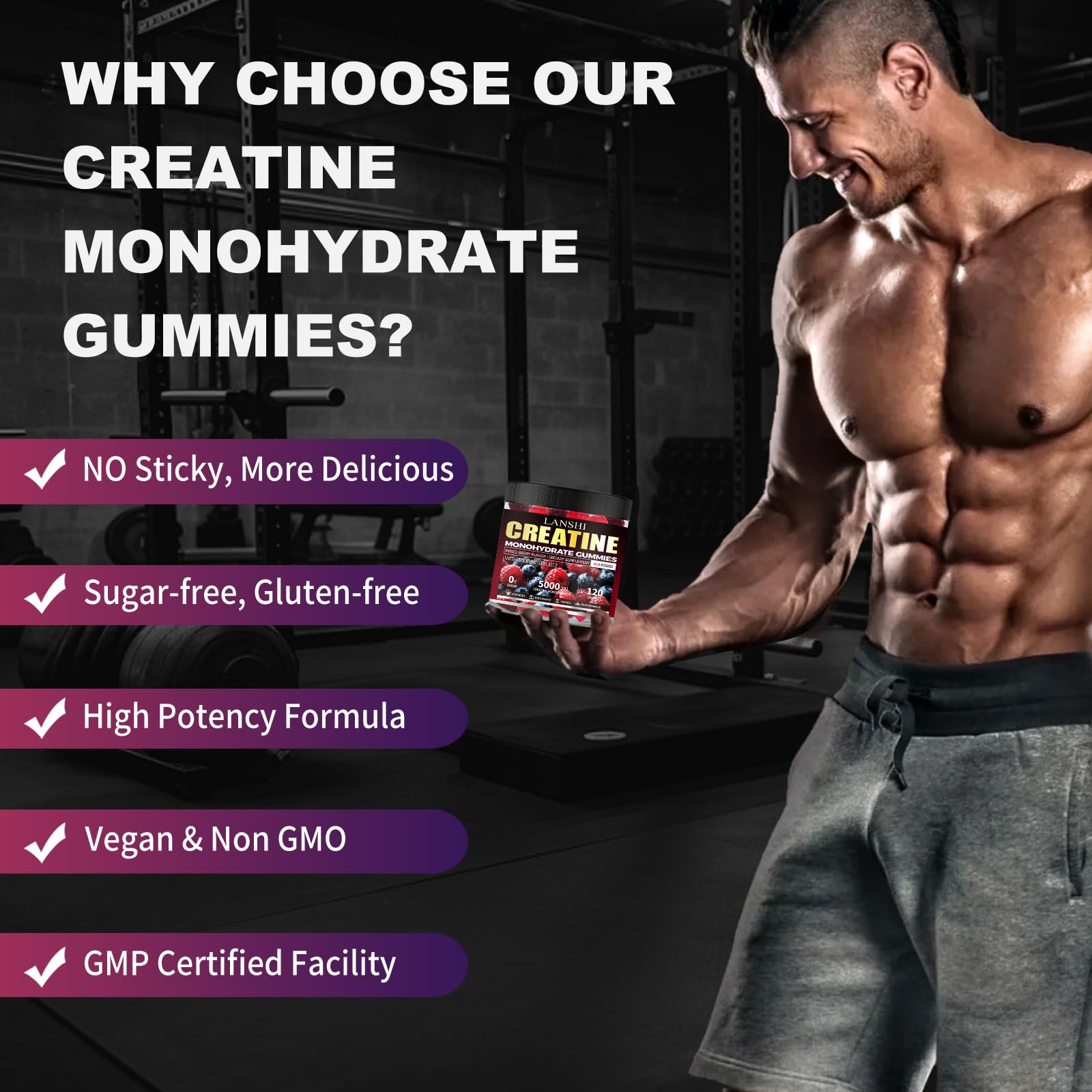 LANSHI Creatine Monohydrate Gummies daily-serve 4 gummies for routine use.