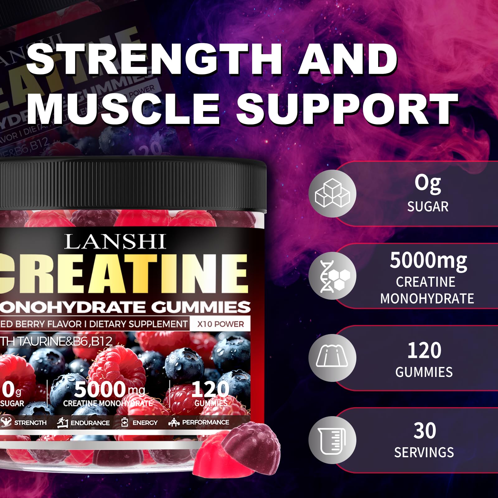 LANSHI Creatine Monohydrate Gummies beside a glass of water for portable fueling.