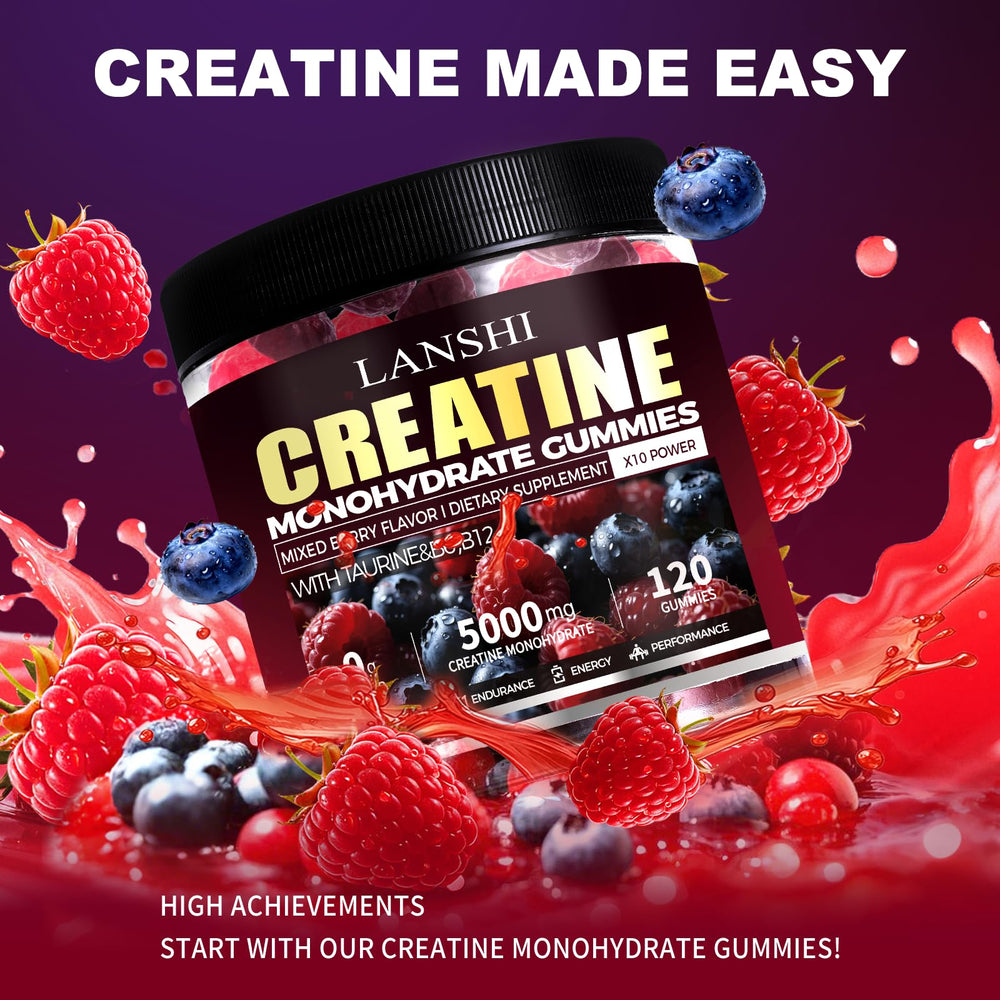 LANSHI Creatine Monohydrate Gummies mixed berry flavor for tasty supplementation.