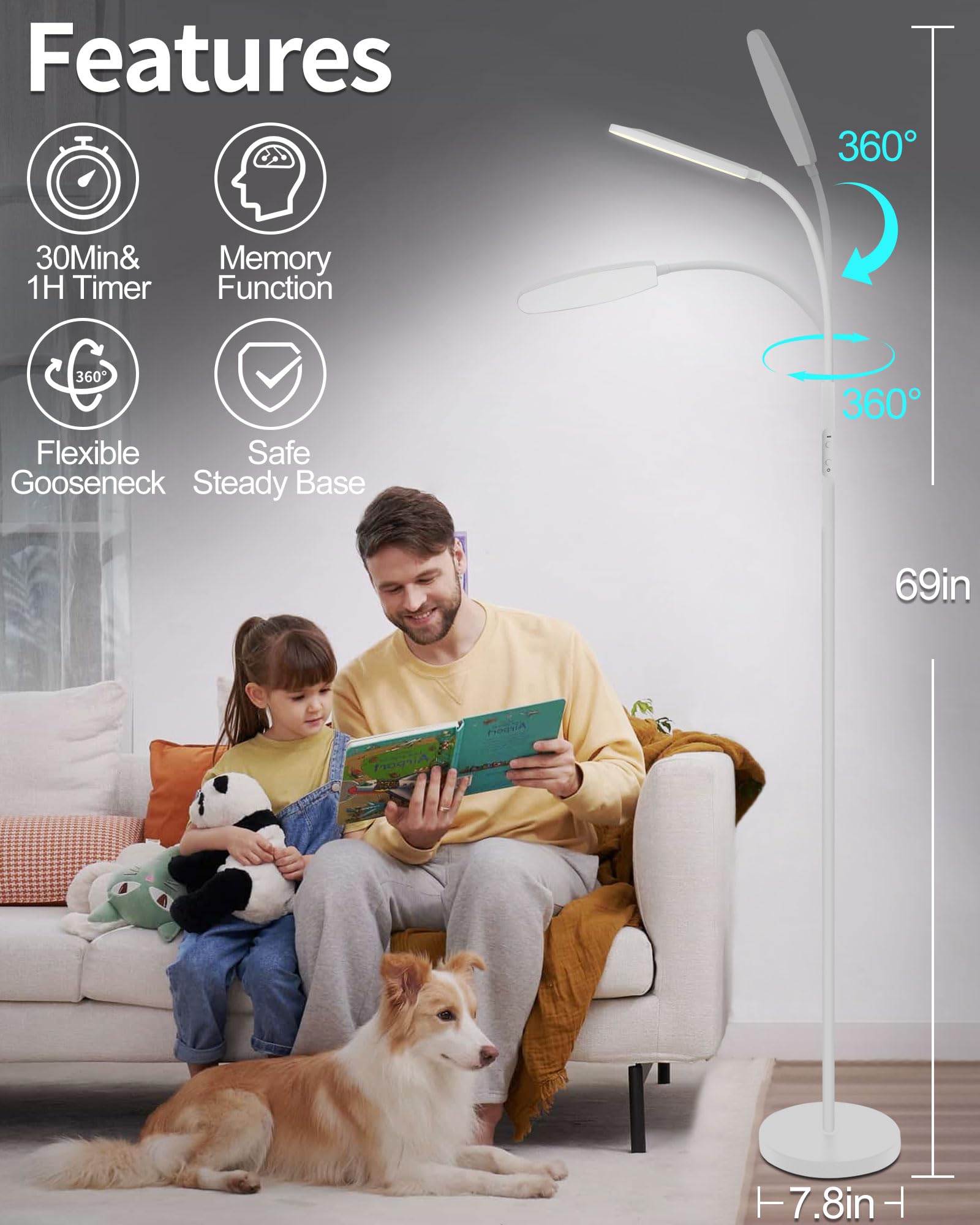 LanSuper light therapy lamp base with controls emphasizes simple setup and timer use.
